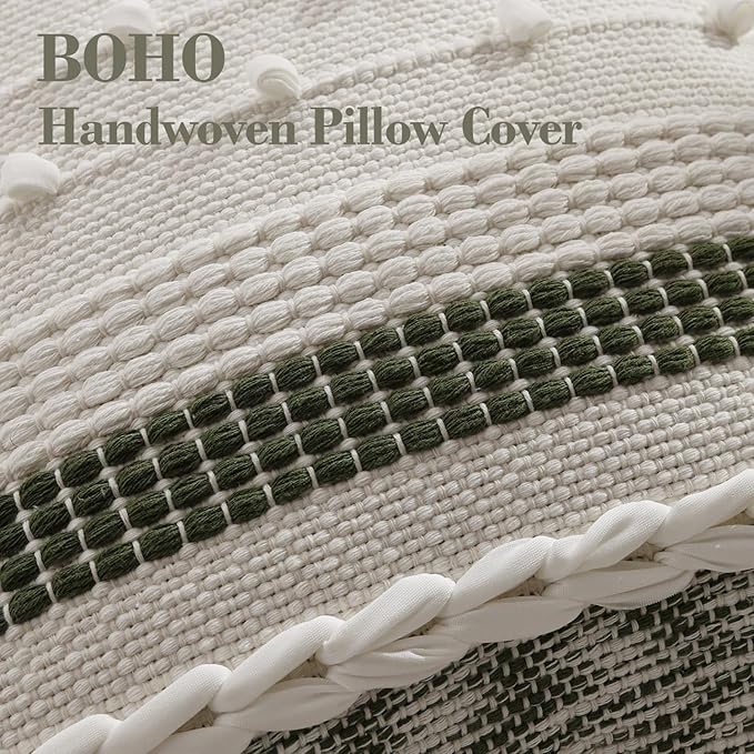 DEZENE Boho Pillow Cover 18x18 Olive Green - Handmade Woven Textured Throw Pillow Case with Cordings & Tassels, Decorative Accent for Couch Sofa Bed Farmhouse Living Room Bedroom Home Decor