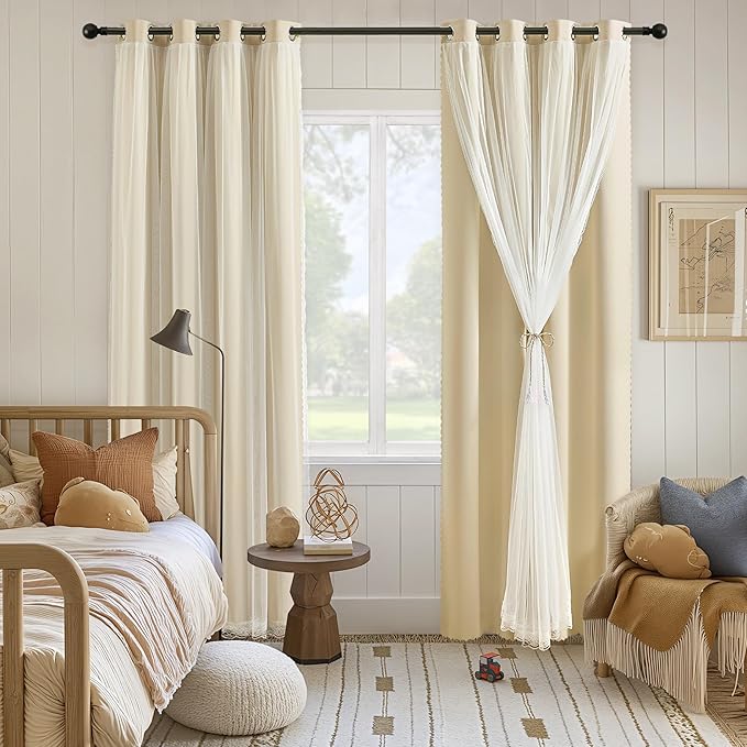 XiDi Beige Curtains with Sheer Overlay for Bedroom 100% Blackout Curtains 84 Inches Long for Living Room 2 Panels Light Block Soundproof Mix and Match Double Layer Window Drapes Grommet W52 x L84