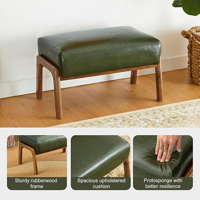 Glitzhome Foot Stool Ottoman, Modern Leatherette Sofa Stool Vanity Chair with Rubber Wood Frame, Footrest Ottoman Bench for Living Room, Entryway, Hunter Green