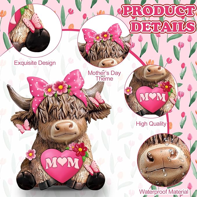 Karenhi 2 Pcs Mother's Day Highland Cow Figurines, Flowers and MOM Heart Resin Cow Gnomes Scottish Resin Statue Calf Lovers Gifts for Home Garden Kitchen Office Tiered Tray Table Decor