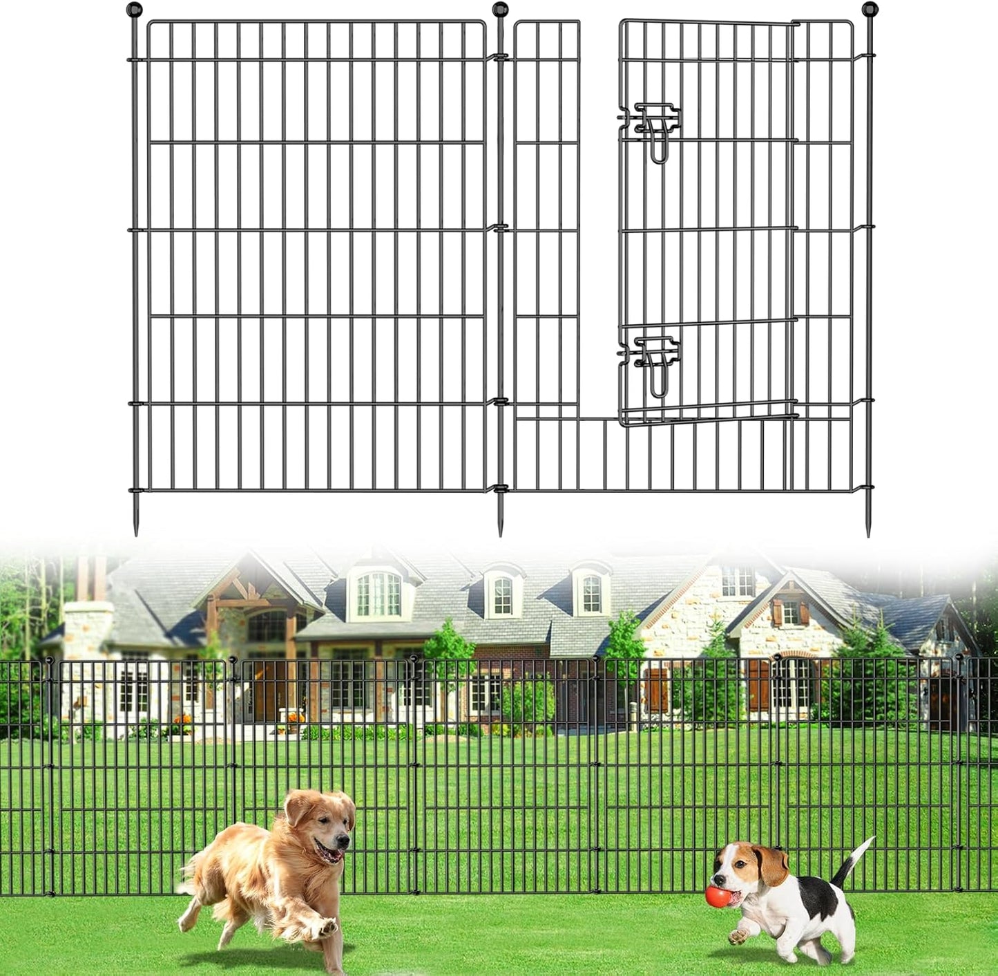 8 Panels No Dig Garden Fence with Gate, 48in(H) × 21ft(L) Decorative Metal Outdoor Dog Fence, Rustproof Pet Fencing for Yard, Patio, Flower Bed -Temporary Fencing| Easy to Install