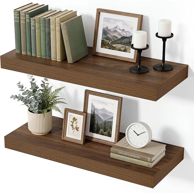Vivelove Wall Floating Shelves for Display with Invisible Brackets,16 Inch Floating Shelf for Bathroom Bedroom Living Room Kitchen, 16" X 8" X 1.4", Set of 2 - Walnut