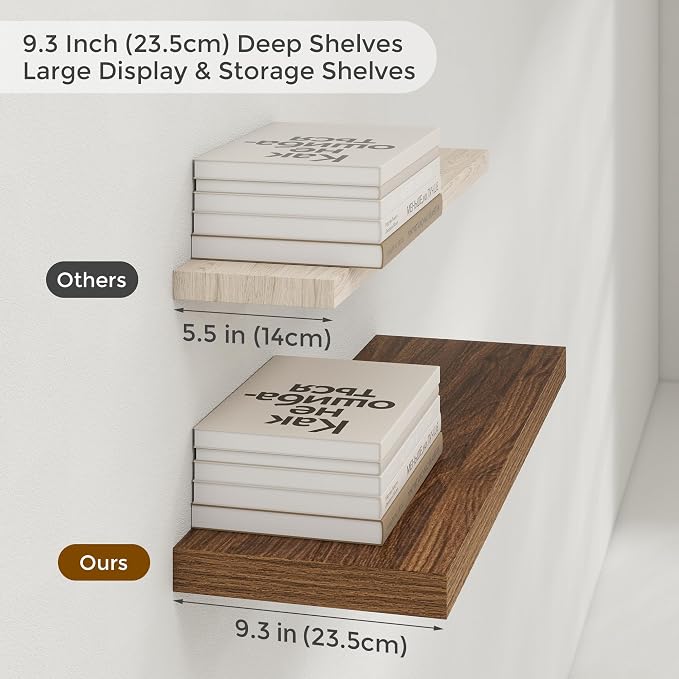 16 inch Floating Shelves for Wall, Walnut Wooden Floating Shelves, 9.3in Deep Rustic Wall Shelves for Bathroom Living Room Kitchen Bedroom Bookshelf Storage & Organizer, 16 x 9.3 x 1.5 in, 2 Packs