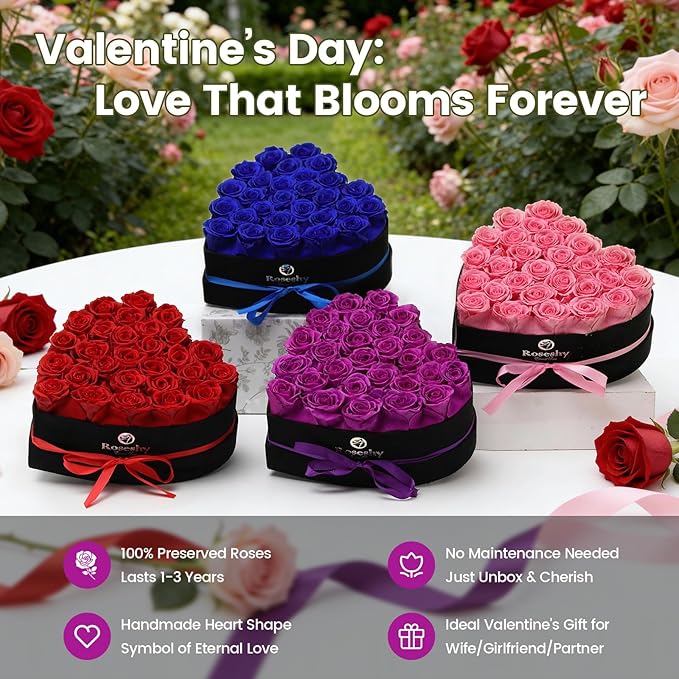 Valentines Day Flowers Roses Gifts for Her,28pcs Purple Forever Preserved Roses in Heart Shape Gift Box,Valentines Day Delivery Prime Gifts-Roses Gifts for Women,Mom.