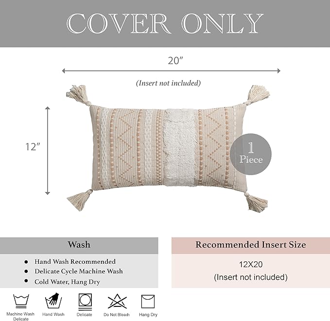 BlissBlush 12x20 Lumbar Pillow Cover, Cream Neutral Beige Rectangular Decorative Cushion Cover, Boho Accent Pillowcase with Tufted Details and Tassels for Couch Sofa Living Room (Cover Only)
