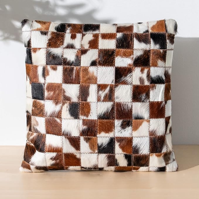 ecowhides 100% Genuine Brazilian Cowhide Patchwork Pillow – Tricolor Handcrafted Design – Double-Sided – Luxury Leather Decorative Cushion for Rustic & Western Home Décor – 15” x 15”
