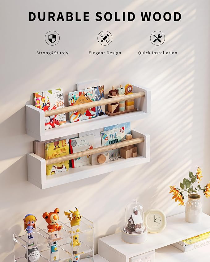 Seocry Nursery Book Shelves, 4 Pack, Wall Book Shelves for Kids Room, Baby, Toddler, Nursery Decor (White Wood, 16.5 Inches)
