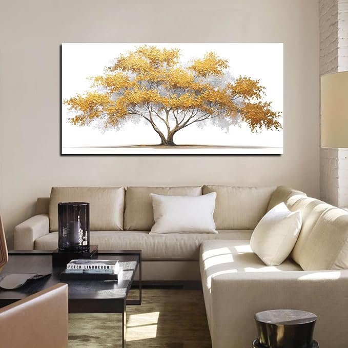 AOZEMI Yellow Wall Art for Living Room Tree Pictures Wall Decor White Canvas Artwork Art Bedroom Bathroom Office Large Modern 24"x 48"
