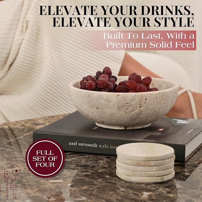 Gusto Nostro Travertine Coasters - Absorbent Stone Coasters Set of 4 - Aesthetic, Natural Stone Coaster for Drinks - Anti-Slip Round Artisanal Travertine Coaster for Kitchen Counter and Coffee Table