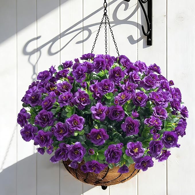 Artificial Faux Outdoor Flowers Plants for Spring Summer Decoration, Fake Silk Camellia UV Resistant Look Real for Planter Outside Front Door Porch Patio Balcony, 3 Large Bundles (Dark Purple)