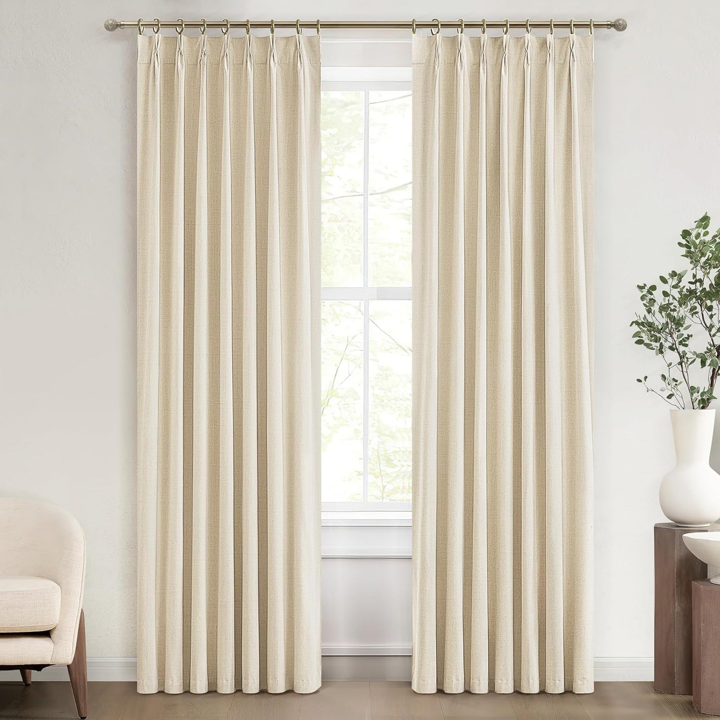 Light Beige 100% Blackout Curtains for Office at Home/Playroom/Classroom, Noise Cancelling Thermal Curtains 90 Inch Length 2 Panels Set Neutral Modern Window Faux Linen Pinch Pleated Drapes(40x90)