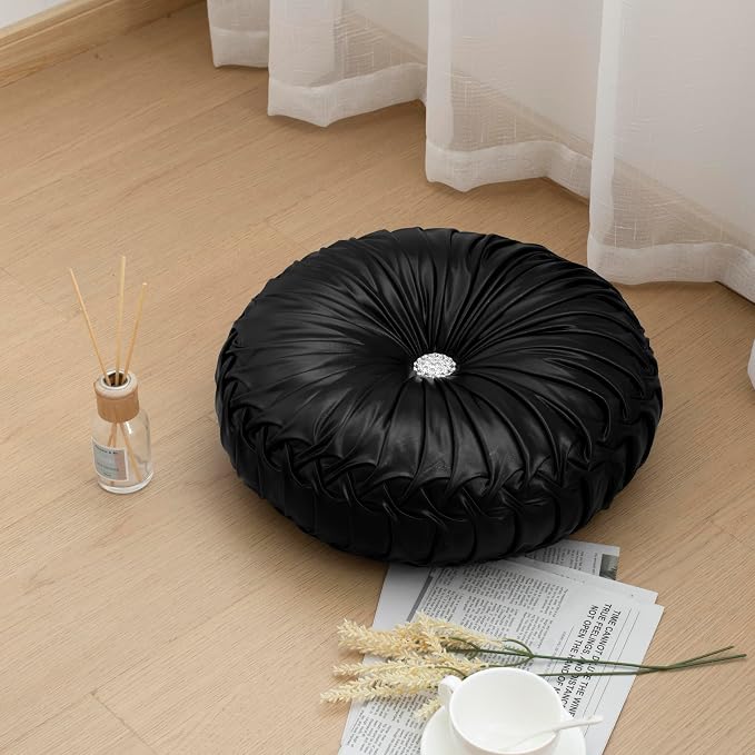HIG Set of 2 Handcrafted Black Ruched Round Throw Pillows – 14.5’’ Metallic Leather Decorative Pillows with Soft Polyester Filling for Couch, Bed, Living Room, Bedroom, or Dorm