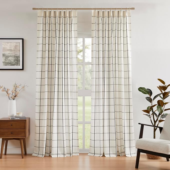 Vision Home Black Plaid Linen Pinch Pleated Semi Sheer Curtains Checkered Light Filtering Window Panels 90 inches Long for Living Room Bedroom Rustic Pleat Drapes with Back Tab Hooks 60" Wx90 Lx2