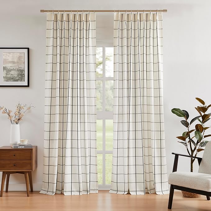 Vision Home Black Plaid Linen Pinch Pleated Semi Sheer Curtains Checkered Light Filtering Window Panels 84 inches Long for Living Room Bedroom Rustic Pleat Drapes with Back Tab Hooks 40" Wx84 Lx2