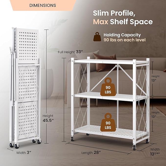 Our Modern Space 3-Tier Foldable Storage Shelf with Wheels | Metal Rack Collapsible Shelving Display | Rolling Cart for Books Kitchen Storage Shelves | Pantry & Closet Organizer | Office Room Decor