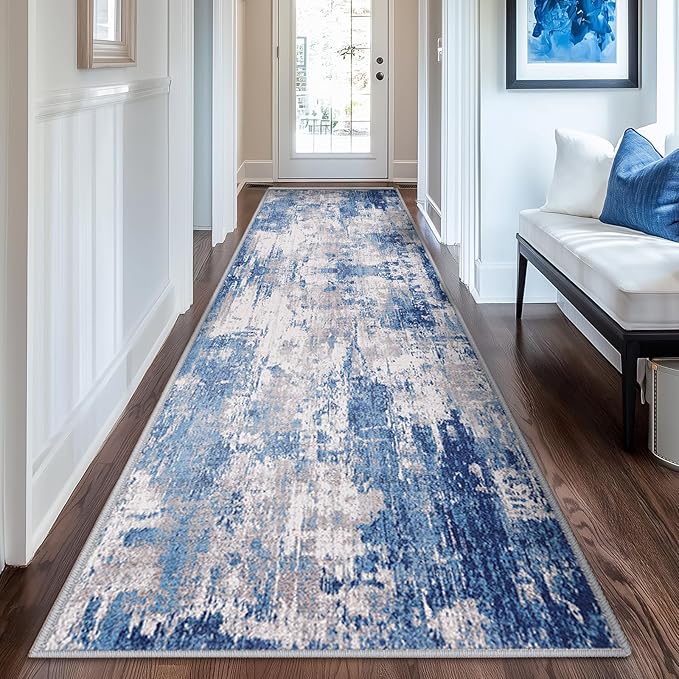 RELEANY Washable Area Rugs 2'x6' Non-Slip Modern Abstract Soft for Living Room Entryway Bedroom Nursery, Print Pattern, Blue Grey Navy Gray