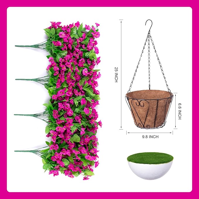 Ammyoo Artificial Faux Hanging Flowers Basket for Spring Summer Outdoor Porch Decoration, Fake Silk Colorful Morning Glory Eucalyptus in Planter UV Resistant for Home Balcony Yard(Red Purple)