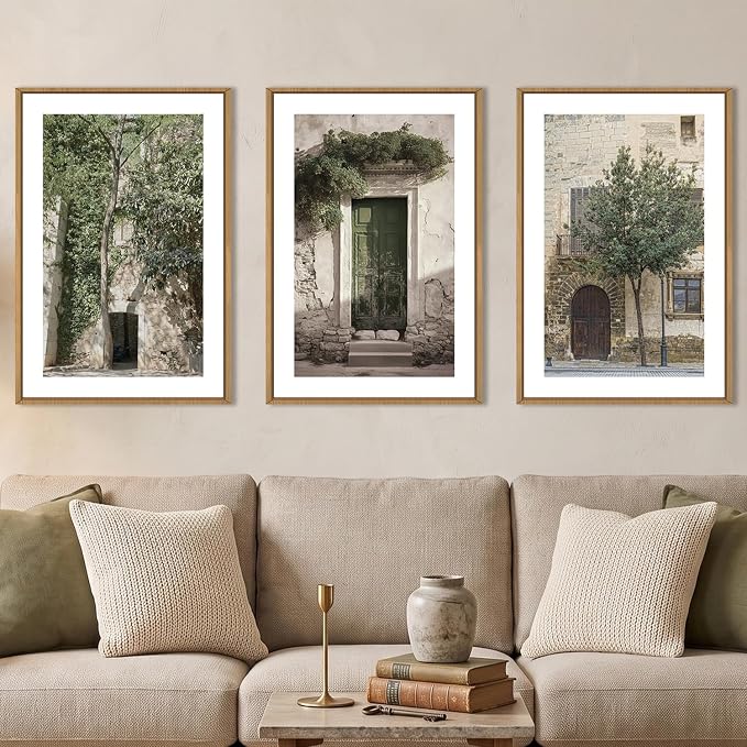 HOURIA Vintage Italy City Landscape Framed Canvas Wall Art Set,Sage Green Olive Tree Old House Wall Decor,Modern Mediterranean Country Cityscape Artwork for Living Room,Bedroom,Farmhouse-16 x24 x3