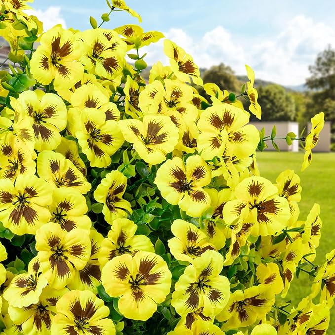 24 Pcs Artificial Fake Pansy Flowers for Outdoor,Faux Silk Plants Flowers UV Resistant Pansies Spring Flowers for Planter Front Door Porch Yard Patio Garden Window Box Home Decor(Yellow)