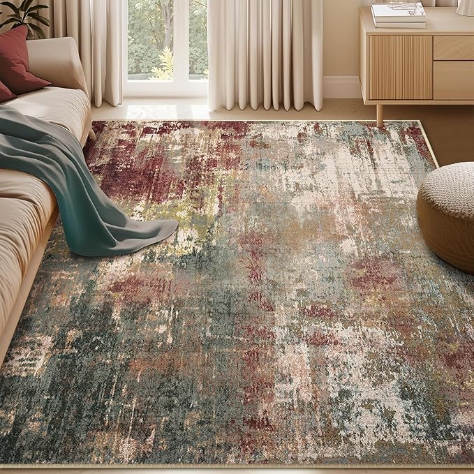RELEANY Washable Area Rugs 5'x8' Non-Slip Modern Abstract Soft for Living Room Entryway Bedroom Nursery, Print Pattern, Brown Rust Red Green Blue Multi