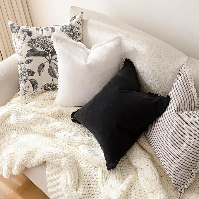 Foindtower Set of 2 Decorative Linen Fringe Lumbar Throw Pillow Covers Boho Farmhouse Cushion Cover with Tassels Soft Accent Pillowcase for Couch Sofa Bed Living Room Home Decor,12×20 Inch,Black