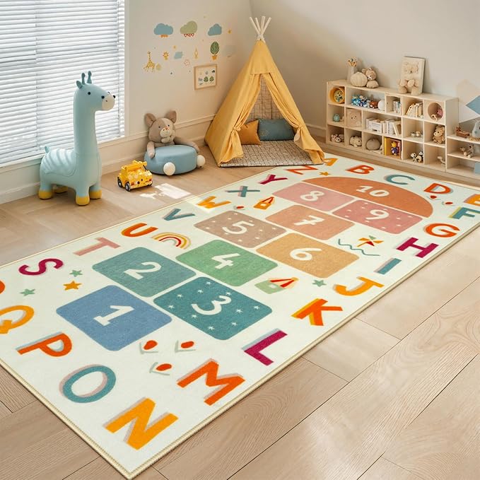 STARUIA Washable Hopscotch Rug for Indoor Playroom, Colorful Educational Kids Rug with ABC Number, Non Slip Boy Girl Play Carpet for Kids Room Bedroom Nursery Daycare Classroom（Beige, 31.5''x72''）