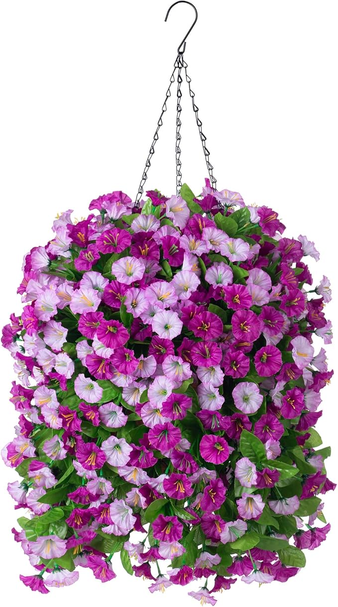 INXUGAO Artificial Flowers with Hanging Basket, Outdoor Faux Plants Silk Morning Glory Vines, Fake Green Arrangement for Garden Patio Spring Summer Decor(4pcs,Darkorchid)