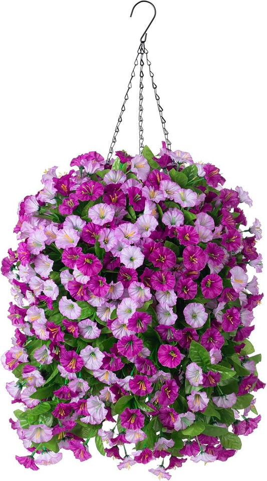 INXUGAO Artificial Flowers with Hanging Basket, Outdoor Faux Plants Silk Morning Glory Vines, Fake Green Arrangement for Garden Patio Spring Summer Decor(4pcs,Darkorchid)