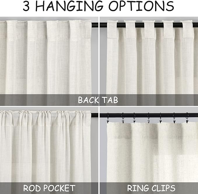 Cream Linen Sheer Curtains 102 Inches 2 Panels Set Back Tab Rod Pocket Extra Long Semi Sheer Light Filter Vintage Curtain Drapes Room Decor Aesthetic Curtains for Living Room High Window 42x102