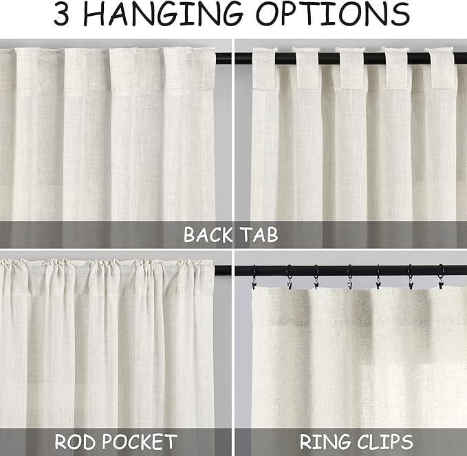 Nanspring Cream Linen Back Tab Curtains 85 Inch Length for Living Room 2 Panel Set Back Tab Rod Pocket Neutral Modern Farmhouse Window Curtain Privacy Semi Sheer Linen Drapes Rustic Curtain 52x85