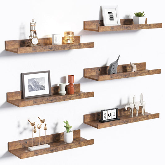upsimples Floating Shelves for Wall, Wall Shelves for Decor Storage Set of 6, Wall Mounted Wood Shelf for Bedroom, Living Room, Bathroom, Kitchen, Picture Ledge Shelf, Brown