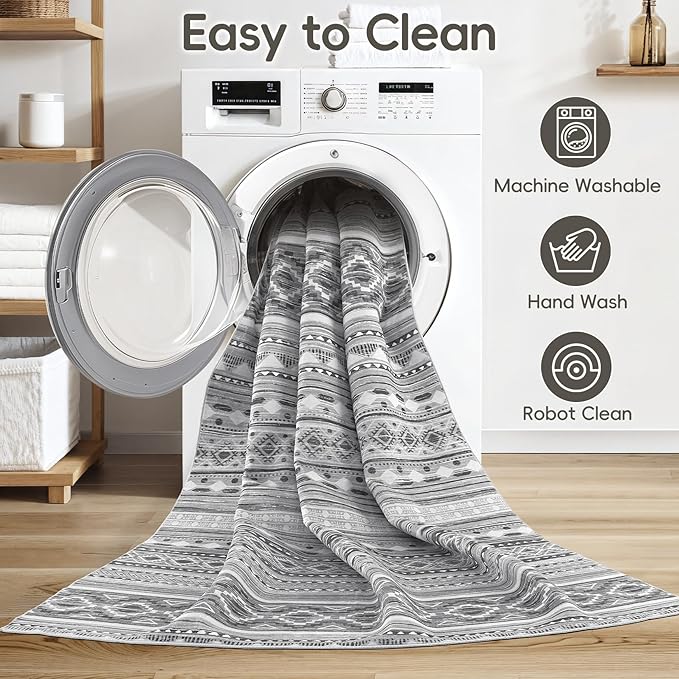 cotiled 7x9 Area Rug Living Room: Washable Boho Rugs with Non Slip Backing Large Soft Indoor Stain Resistant Carpet for Bedroom Farmhouse Dining Room Lightweight Home Decor Beige Grey