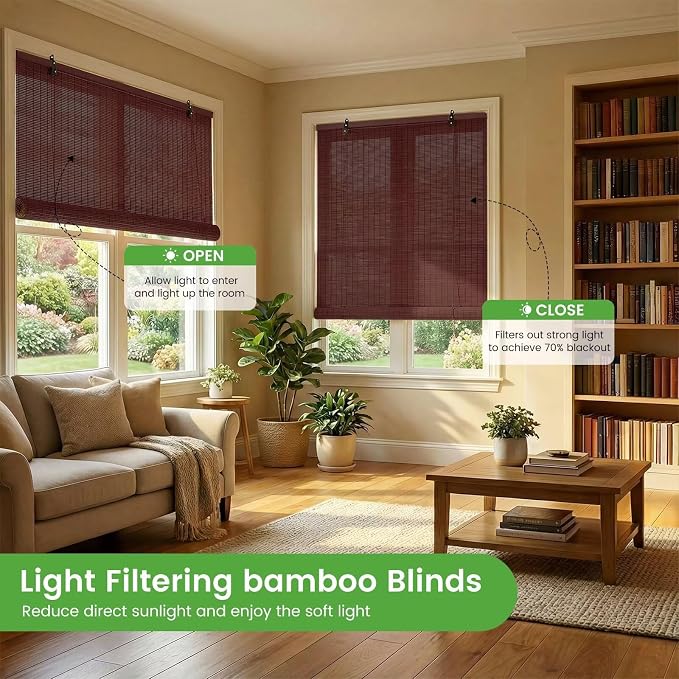 Bamboo Blinds, Easy to Install Bamboo Shades for Indoor Windows, Custom Sizes Roller Shades for Indoor Windows, Roll Up Blinds Indoor Outdoor Patio