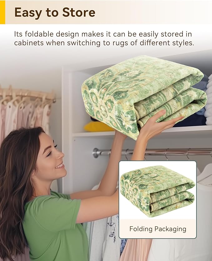 RELEANY Area Rugs 4ft Washable Non-Slip, Floral Vintage Distress Print Pattern Medallion Carpet for Living Room Bedroom Dining Room, Sage Green Yellow
