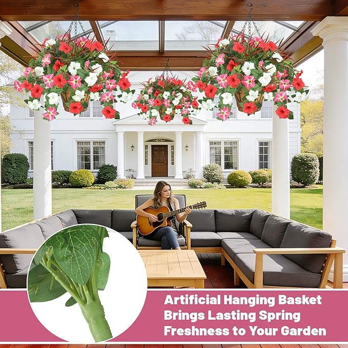 Artificial Flowers Hanging Baskets for Outdoors, 5PCS UV Resistant Faux Outdoor Plants, Fake Petunias Silk Flowers for Garden Balcony Yard Porch Decor (White Red Pink)