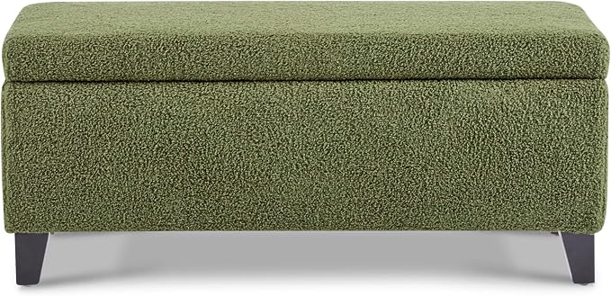 Christopher Knight Home Vayne Boucle Storage Ottoman, Rectangular Ottoman Bench, Birch Wood Legs, Upholstered Ottoman with Storage, Foot Rest Bench for Living Room, Entryway and Bedroom, Green