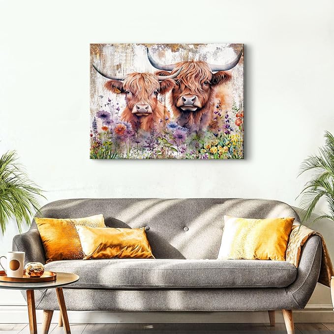 Farmhouse Highland Cow Wall Art Extra Large Flower Cow Pictures Wall Decor Western Animal Scottish Cattle Painting Canvas Prints Living Room Rustic Country Farm Artwork Bedroom Home Decorations 32x48"