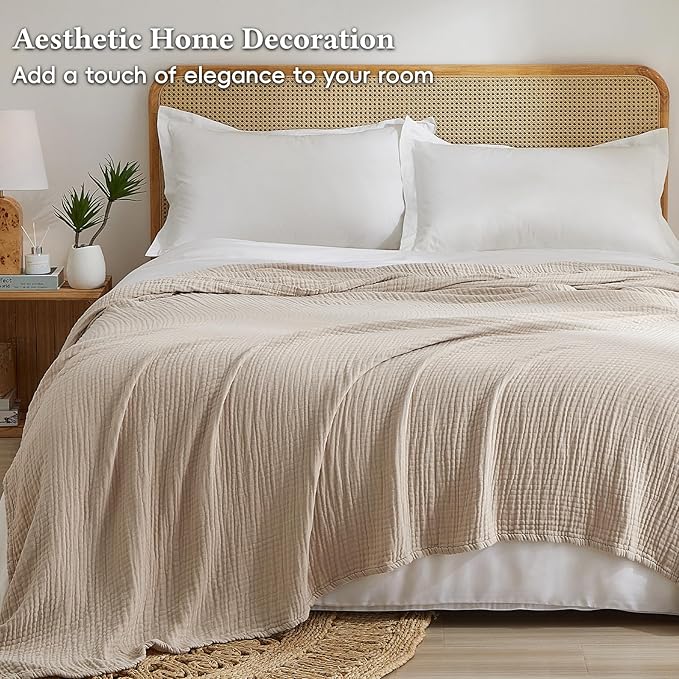 David's Home Soft Cooling Muslin Blanket Twin Size, 60% Rayon 40% Cotton, Breathable Lightweight 4-Layer Gauze Blanket for Hot Sleepers, All Season Bed Blanket, 66"x90", Light Tan/Oat Milk