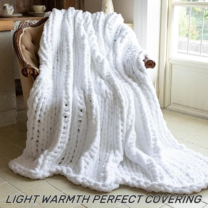 Chunky Knit Blanket - Luxury Soft Cozy 50 * 60 Throw Blanket,100% Woven Blanket Rope Knot Throw Blanket for Couch, Sofa, Home Decor, Gift - Machine Washable (White, 50 * 60)