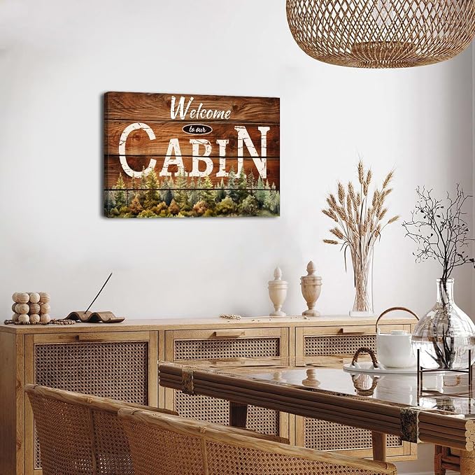 Vintage Cabin Wall Decor Brown Welcome to Ours Wall Art Rustic Cabin Decorations for Home Country Style Nature Forest Canvas Framed Artwork Living Room Bedroom Porch Entryway Lodge Decorative 16x24