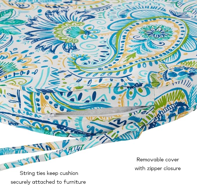 Set of 2 Outdoor 18 inch Round Patio Dining Chair Pads – Comfortable Fiber-Filled Seat Cushions with Ties, Reversible Polyester Fabric, Baltic Paisley
