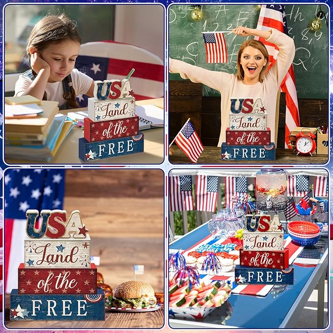 CroBlissful 4 Pcs 4th of July Decorations Patriotic Memorial Day Tabletop Decorations Red White Blue Table Centerpieces Sign for Office Tiered Tray Home Shelf 250th Anniversary(Independence Day Usa)
