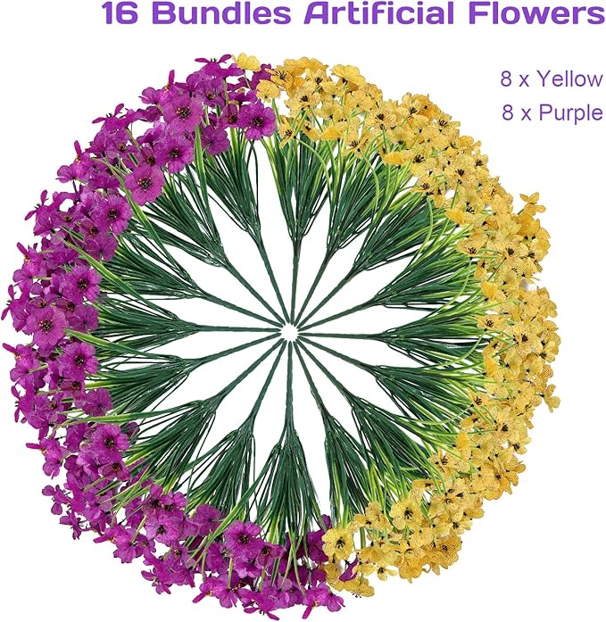 Geegoods Artificial Mums Flowers for Outdoors, 16 Bundles UV Resistant Fake Plastic Purple and Yellow Flowers for Patio Porch Spring Summer Decor