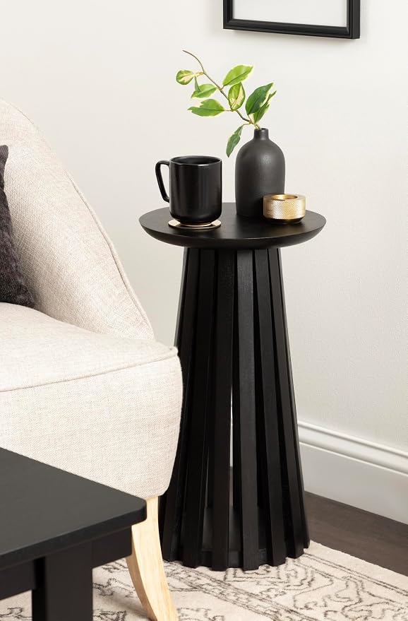Kate and Laurel Klarc Modern Slatted Wood Round Drink Table, 12 x 12 x 22, Black, Circle Pedestal Table for Use as Bedroom Nightstand, Indoor Plant Stand, or Decorative Living Room Accent
