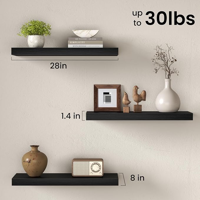Fun Memories Black Floating Shelves for Wall Set of 2, 28" Black Floating Shelves for Home Decor, Rustic Wood Wall Mounted Shelf, Hanging Deep Shelf for Living Room, Bedroom, Bathroom, Kitchen