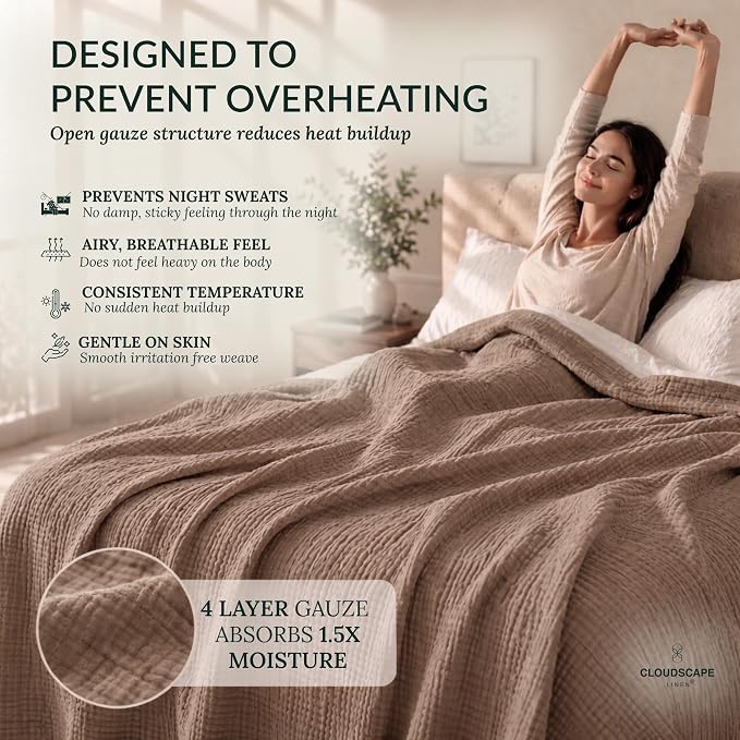 CLOUDSCAPE 4 Layer Muslin Blanket for Adults - 100% Cotton Blankets Twin Size for All Season - 68"x92" Fits Upto TwinXL Bed - Soft Lightweight Breathable Cotton Blankets for Summer - Mocha Mousse