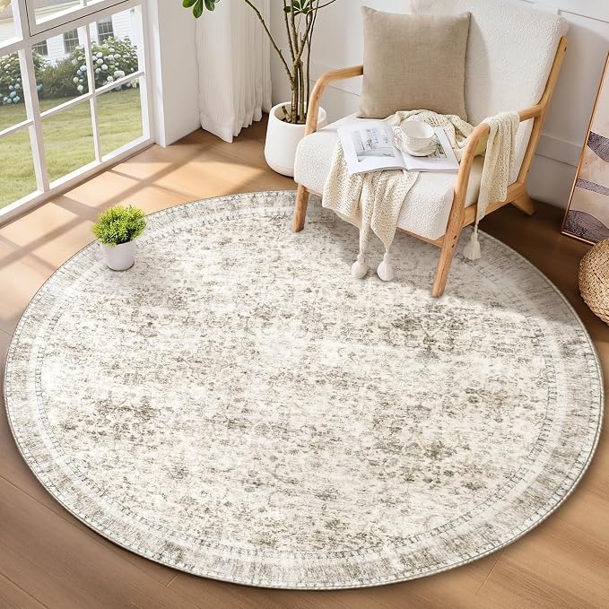 Sasttie Round Rugs 6ft, Ultra-Soft Washable Circle Rug, Low Pile Foldable Thin Carpets with Non-Slip Backing, Skin-Friendly Stain Resistant Carpet for Living Room, Bedroom, Kitchen, Dorm, 6ft, Beige