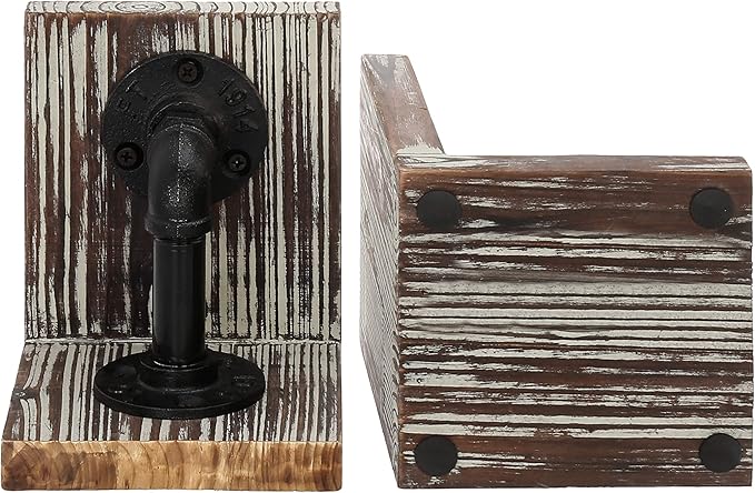 MyGift Decorative Bookends, Office Book Ends for Shelf, Book Holder L-Shaped Stand Desktop, Solid Torched Wood with Realistic Industrial Pipe Design