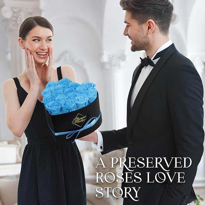 GLAMOUR BOUTIQUE 16 Flower Forever Heart Shape Box, Eternal Preserved Roses Gift for Her, Lasting Flowers, Romantic Floral Keepsake for Birthday, Anniversary or Valentine’s Day, Teal (Color-Treated)
