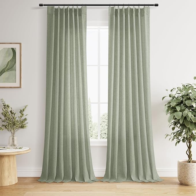 Sage Green Pinch Pleated Linen Curtains 102 Inches Long 2 Panels for Living Room Bedroom Country Elegant Farmhouse Back Tab Privacy Light Filtering Semi Sheer Pleated Drapes with Hooks Rings 40x102